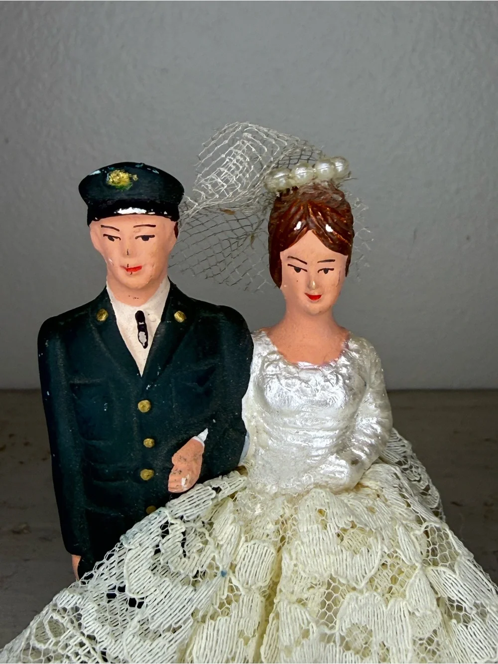 Vintage Military Army Chalkware Bride & Groom Cake Topper Featuring Lace Dress